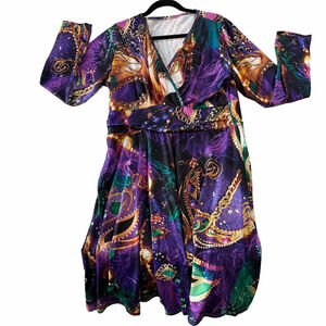 Mardi Gras Theme Women's Faux Wrap Front Swing Dress Size XL #260317